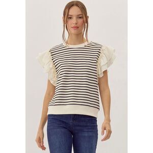 266. Cream Ruffle Top with Black Stripes